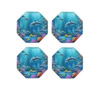 Underwater World - Set di 4 sottobicchieri in pelle con motivo vita marina, impermeabili, resistenti al calore, ottagonali, per soggiorno, cucina, bar, decorazione per caffè