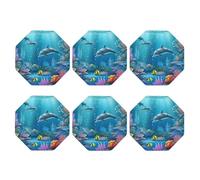 Underwater World - Set di 6 sottobicchieri in pelle con motivo vita marina, impermeabili, resistenti al calore, ottagonali, per soggiorno, cucina, bar, decorazione per caffè