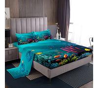 Underwater World, set di biancheria da letto 3D, motivo: tartaruga marina, pesci tropicali, corallo, adulti, Sealife Ocean Creature, lenzuolo con angoli, 4 pezzi di morbide per letto matrimoniale