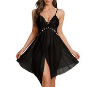 Underwear Donna - Lingerie Sexy da Donna Abito Sottoveste in Rete Scollo A V Senza Maniche Lunghezza Media Camicia da Notte con Dettagli in Perle Elegante Pigiama per Casa Hotel E Sposa (Black L)