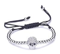 Unendlich U, bracciale da donna o per bambini, alla moda, motivo: teschio, con motivo intrecciato, cordoncino in cotone, sfere in lega e zirconi, regolabile e base metal, colore: argento, cod. B2357-white