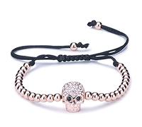 Unendlich U, bracciale da donna o per bambini, alla moda, motivo: teschio, con motivo intrecciato, cordoncino in cotone, sfere in lega e zirconi, regolabile e base metal, colore: Oro rosa, cod. B2357-rose gold