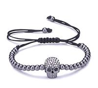 Unendlich U, bracciale da donna o per bambini, alla moda, motivo: teschio, con motivo intrecciato, cordoncino in cotone, sfere in lega e zirconi, regolabile e base metal, colore: nero, cod. B2357-black