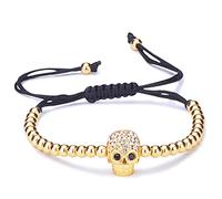 Unendlich U, bracciale da donna o per bambini, alla moda, motivo: teschio, con motivo intrecciato, cordoncino in cotone, sfere in lega e zirconi, regolabile e base metal, colore: gold, cod. B2357-gold