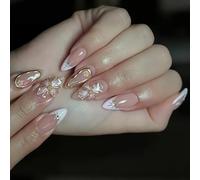 Unghie a forma di mandorla con punta francese e disegni floreali eleganti unghie acriliche per le donne manicure decorazione 24pcs copertura completa del chiodo