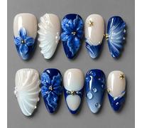 Unghie a pressione 3D vintage con giglio blu e perla, 24 pezzi, design a tema oceano floreale con conchiglie con accenti a stella per un look elegante estivo, kit manicure in ABS di alta qualità per