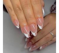 Unghie a pressione a forma di mandorla con base rosa nude lucida ed elegante design a spirale bianca a punta francese, 24 unghie finte da medie a lunghe per una facile applicazione, resistenti alle
