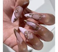 Unghie a pressione a punta francese con perle, finiture metalliche dorate, in ABS leggero, per feste, uso quotidiano, bordi in metallo, unghie leggere a pressione, eleganti