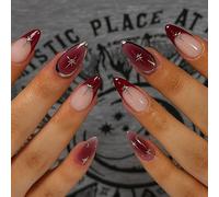 Unghie a pressione bordeaux sfumate, 24 pezzi, punte francesi a mandorla con accenti metallici a stella, set fatto a mano per unghie invernali con fiocco di neve