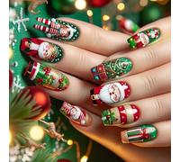 Unghie a pressione eleganti con Babbo Natale e scatola, per l'inverno, per donne e ragazze, 24 pezzi