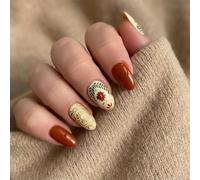 Unghie a pressione in stile bohémien a mandorla con design floreale marrone e crema, di media lunghezza, lucide, con accento di perle, da donna, per uso quotidiano, feste e regali, forma ovale