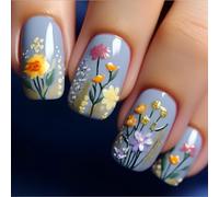 Unghie a pressione quadrate medie con design floreale, facili da applicare e riutilizzabili, per manicure rapida, botanical Cottagecore Estetica ispirata alla natura Whimsical Garden (fiore quadrato