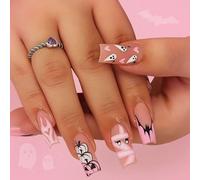 Unghie a pressione rosa Halloween unghie lunghe quadrate finte acriliche con fantasma zucca pipistrello cuore disegni - 24 punte false per donne ragazze manicure in stile mummia gotica carina