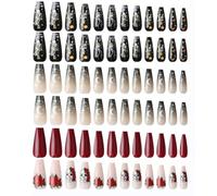 Unghie a pressione, Unghie a forma di mandorla, Colla for unghie inclusa, French, Misura media, Forma squovale, 72 pezzi/set, Unghie finte for Halloween(Color:0074-2 72-piece set)