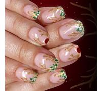 Unghie artificiali a tema natalizio, 24 pezzi, con foglie di renna rosse, glitter, design in ABS, unghie finte per manicure festive, stampa rossa sulle unghie
