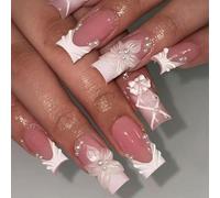 Unghie artificiali bianche sofisticate con accenti di perle e nastro intagliato in rilievo per un look sofisticato fiore di pietra bianca francese premere su