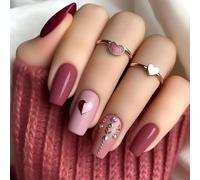 Unghie artificiali con cuore e diamante, 24 pezzi, lunghezza media, colore rosso, per San Valentino e occasioni romantiche