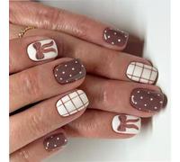 Unghie artificiali con fiocco marrone caffè a quadri, 24 pezzi, lucido, design quadrato corto, bianco, pois ABS, materiali per l'arte delle unghie invernali, non tossiche, unghie artificiali in ABS