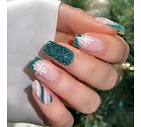 Unghie artificiali con punta francese glitterate verdi scintillanti 24 pezzi facili da montare, corte e quadrate, unghie finte per eventi di Natale, decorazioni natalizie verdi con glitter francesi a