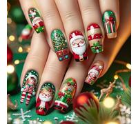 Unghie artificiali festive con Babbo Natale e scatola, unghie a pressione per feste natalizie e uso quotidiano
