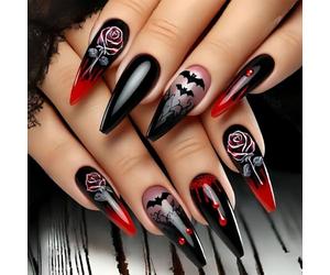 Unghie artificiali per Halloween con rose rosse pipistrello di sangue, design leggero in ABS, per costumi da festa, facile da usare, gocce di sangue, pipistrello, rose artificiali in ABS