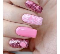 Unghie artificiali per San Valentino, unghie glitterate da stampare, cuore d'amore, unghie artificiali, coperture complete da incollare sulle unghie per l'inverno