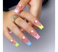 Unghie colorate a pressione a forma di fiore francese, lunghe e quadrate, con base rosa nude, giallo neon, blu e rosa, accenti di fiori bianchi, unghie finte lucide, 24 pezzi, per donne, stile giocoso