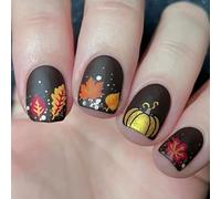 Unghie corte facili da indossare con disegni per il giorno del Ringraziamento. Unghie da incollare per manicure e decorazioni per feste