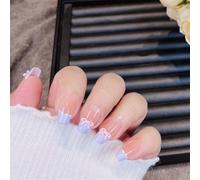 Unghie corte fatte a mano indossabili a forma di bara dolce fiocco per nail art decorazione elegante viola francese Manciure per donne e ragazze 10 pezzi (M122-XS)