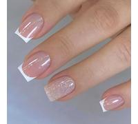 Unghie corte quadrate a pressione 24 pezzi glitter bianchi stili francesi unghie artificiali superfici lucide facili da applicare per le donne speciali quotidiane evento facile applicazione breve