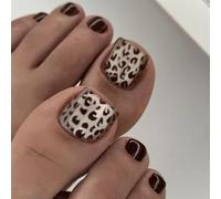 Unghie dei piedi con stampa leopardata francese, 24 pezzi, marrone, corte, copertura completa, per pedicure in stile salone a casa, unghie in acrilico lucido, con linguette adesive