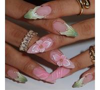 Unghie eleganti Art Set Con Francese 3D Floreale Disegni Mandorla Premere Su Unghie Acriliche Unghie Finte Manicure Per Le