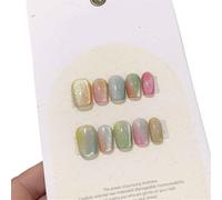 Unghie Finte 10Pcs Short Handmade Light Green Press On Nails Cat Eyes Pure Ballerina Decoration Wearable False Nails Full Cover Nail Tips Art(16-L)