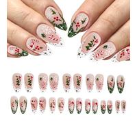 Unghie finte, 24 unghie finte rosse, lunghe, affusolate, a copertura completa, lucide, tinta unita, per manicure con dita artificiali per donne e ragazze, Y7CSMJJP (rosso) bianco e verde
