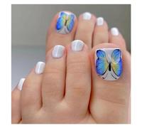 Unghie Finte 24P Fake Toenails With Glue French Line Glitter False Toe Nails Art Detachable Press On Toenails Acrylic Butterfly ToeNails Tips(Color5)