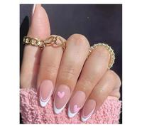 Unghie Finte 24Pcs Glitter French Fake Nails Oval Shape Press on Nails Short White French Almond False Nails Wearable Full Cover Nail Tips(Color22)