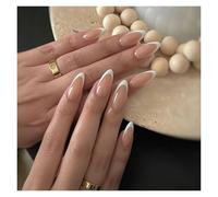 Unghie Finte 24Pcs Glitter French Fake Nails Oval Shape Press on Nails Short White French Almond False Nails Wearable Full Cover Nail Tips(Color-5)
