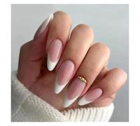 Unghie Finte 24Pcs Glitter French Fake Nails Oval Shape Press on Nails Short White French Almond False Nails Wearable Full Cover Nail Tips(Color32)