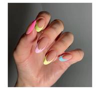 Unghie Finte 24Pcs Glitter French Fake Nails Oval Shape Press on Nails Short White French Almond False Nails Wearable Full Cover Nail Tips(Color11)
