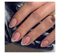 Unghie Finte 24Pcs Glitter French Fake Nails Oval Shape Press on Nails Short White French Almond False Nails Wearable Full Cover Nail Tips(Color-9)