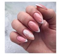 Unghie Finte 24Pcs Glitter French Fake Nails Oval Shape Press on Nails Short White French Almond False Nails Wearable Full Cover Nail Tips(Color-1)