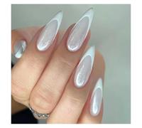 Unghie Finte 24Pcs Glitter French Fake Nails Oval Shape Press on Nails Short White French Almond False Nails Wearable Full Cover Nail Tips(Color14)