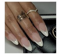 Unghie Finte 24Pcs Glitter French Fake Nails Oval Shape Press on Nails Short White French Almond False Nails Wearable Full Cover Nail Tips(Color15)