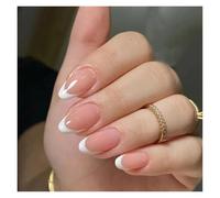 Unghie Finte 24Pcs Glitter French Fake Nails Oval Shape Press on Nails Short White French Almond False Nails Wearable Full Cover Nail Tips(Color19)