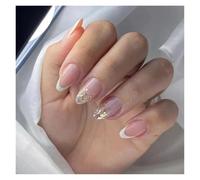 Unghie Finte 24Pcs Glitter French Fake Nails Oval Shape Press on Nails Short White French Almond False Nails Wearable Full Cover Nail Tips(Color37)
