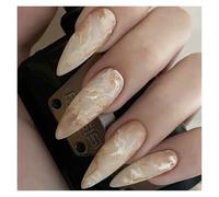 Unghie Finte 24Pcs Mid-length False Nails with Almond Head Design Brown Gold Lines Fake Nails Oval Wearable French Press on Nail Tips(Color7)
