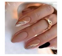 Unghie Finte 24Pcs Mid-length False Nails with Almond Head Design Brown Gold Lines Fake Nails Oval Wearable French Press on Nail Tips(Color1)