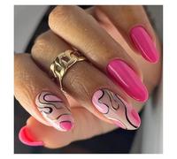 Unghie Finte 24Pcs Mid-length False Nails with Almond Head Design Brown Gold Lines Fake Nails Oval Wearable French Press on Nail Tips(Color4)