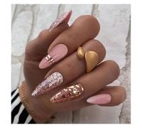 Unghie Finte 24Pcs Mid-length False Nails with Almond Head Design Brown Gold Lines Fake Nails Oval Wearable French Press on Nail Tips(Color6)