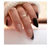 Unghie Finte 24Pcs Mid-length False Nails with Almond Head Design Brown Gold Lines Fake Nails Oval Wearable French Press on Nail Tips(Color9)